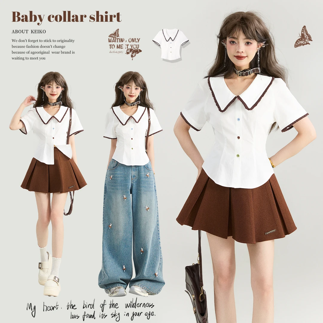KEIKO 学院风白色翻领短袖衬衫女25夏季通勤法式漂亮打褶收腰上衣