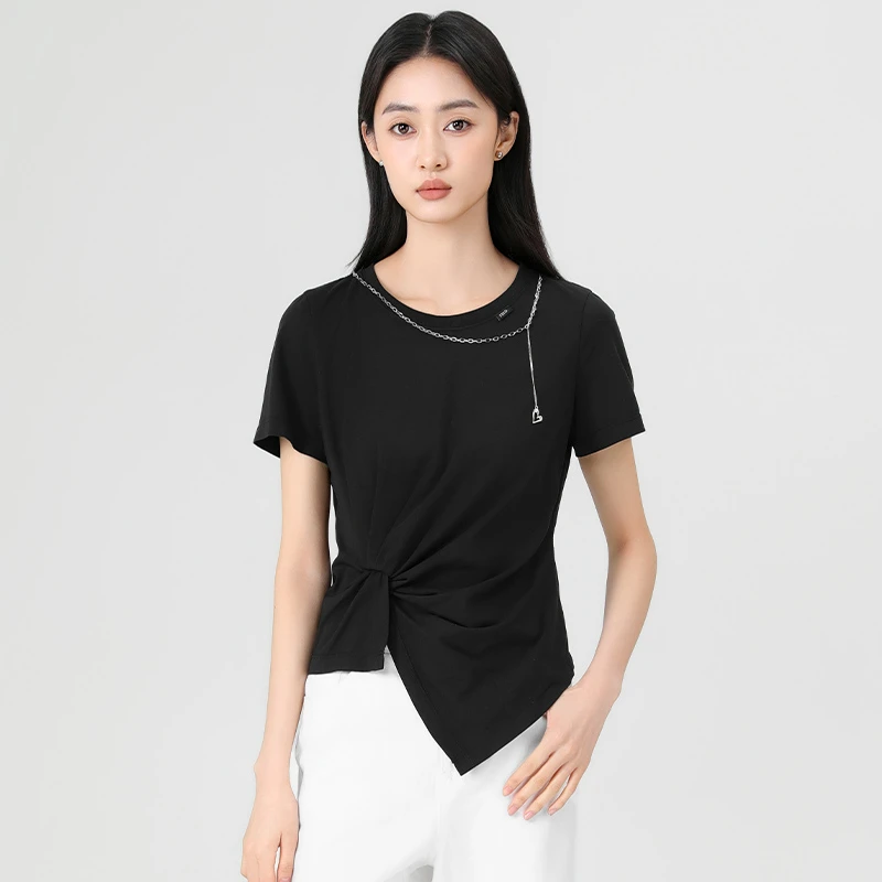 夏季纯色简约百搭不规则设计感短袖T恤女162P3113