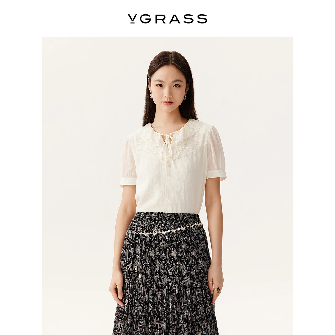 VGRASS定位绣花荷叶领衬衫25夏季新款14MM顺纡绉上衣VSX1Q2508D