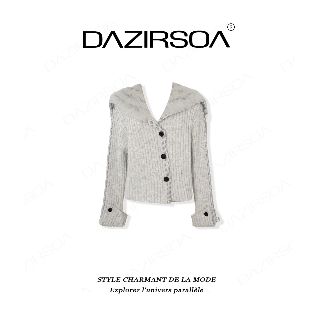 DAZIRSOA/达姿“多元碰撞”时尚百搭狐狸毛海军领毛衣外套 AB659