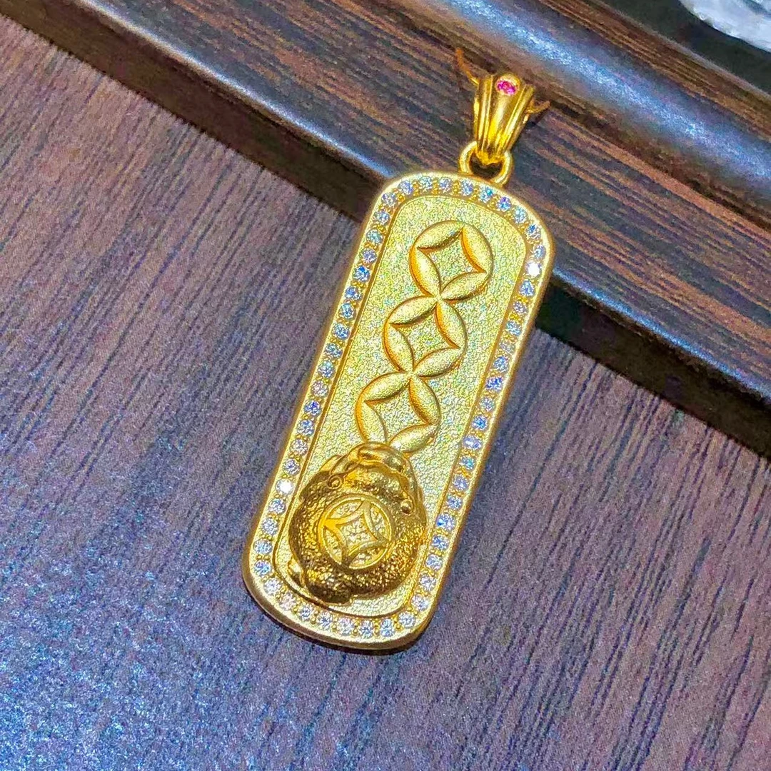 黄金999足金金蟾铜钱小金砖镶嵌吊坠
