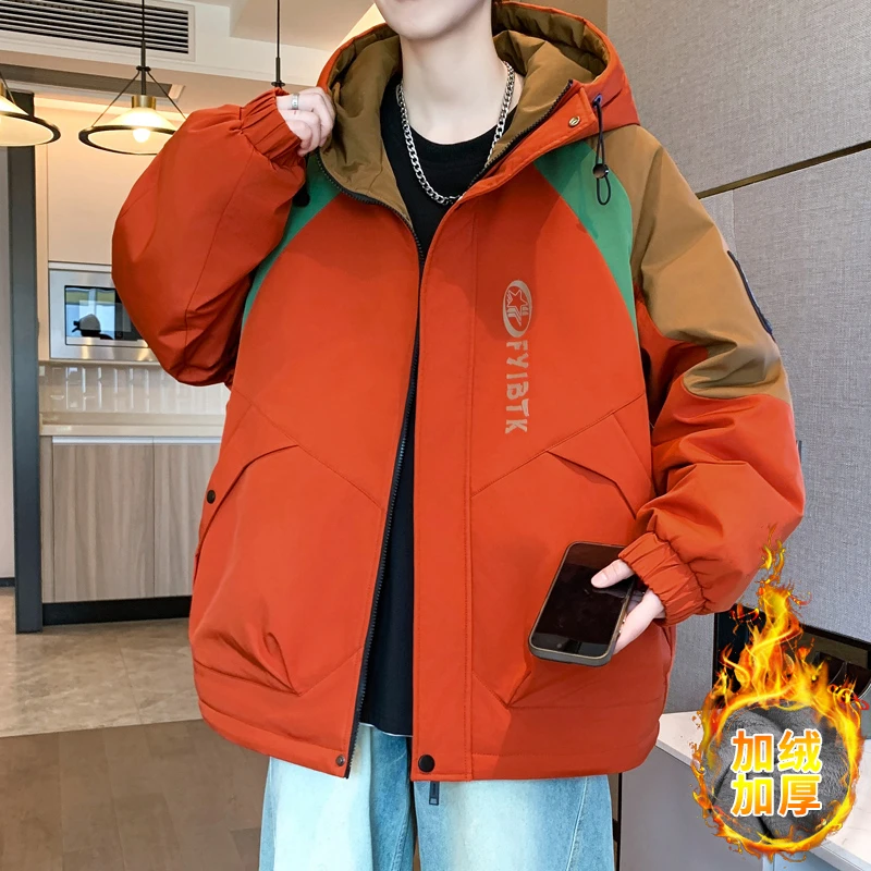男士外套加绒加厚冬季新款连帽宽松青少年休闲夹克男学生保暖棉服