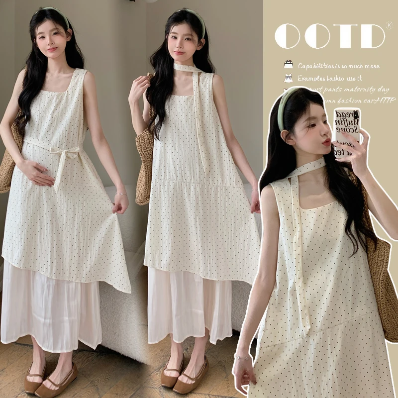 时髦洋气夏季小波点背心孕妇连衣裙可系腰带孕期法式高级穿搭显瘦