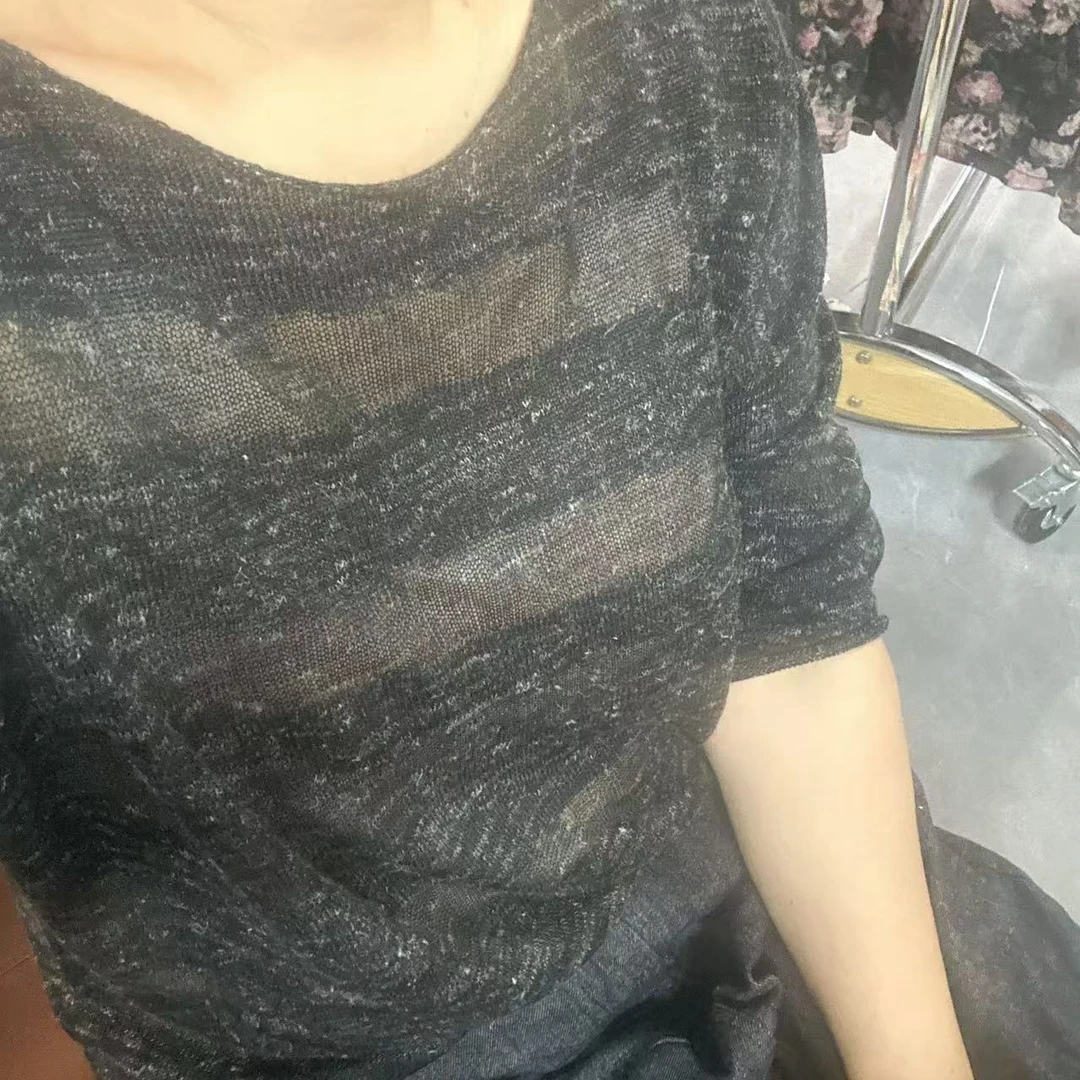 圆领纯色条纹亚麻套头毛衣