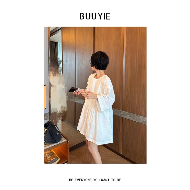BUUYIE 25SS【兰漪】简约风拼接荷叶边本白衬衫连衣裙 250545
