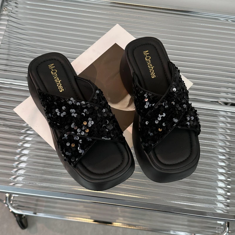 【直播间专属】外穿法式凉拖鞋女2025夏季亮片新款一字拖配裙子