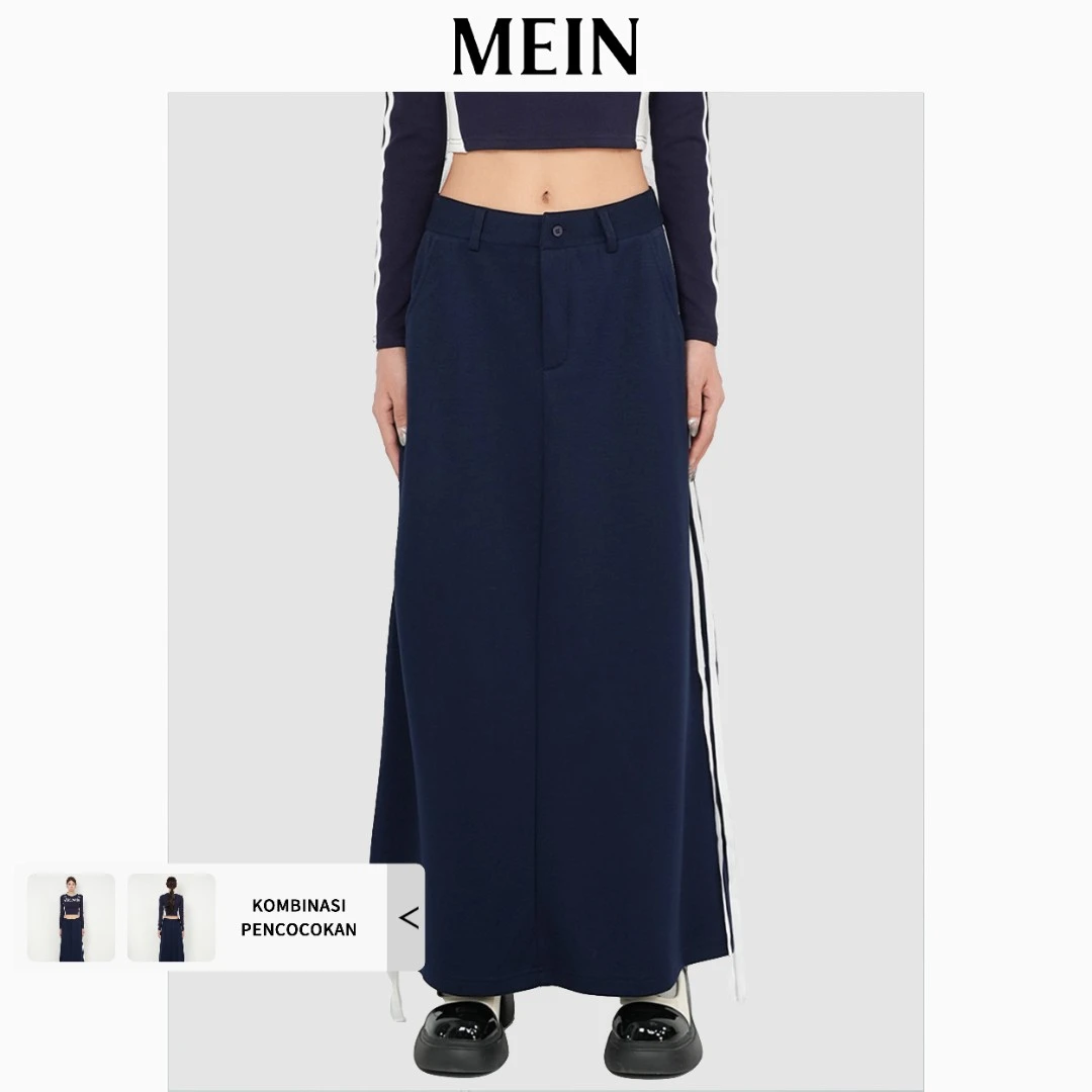 [MEIN] 运动少女系列 高腰复古直筒白色条纹藏青色半身裙 1611