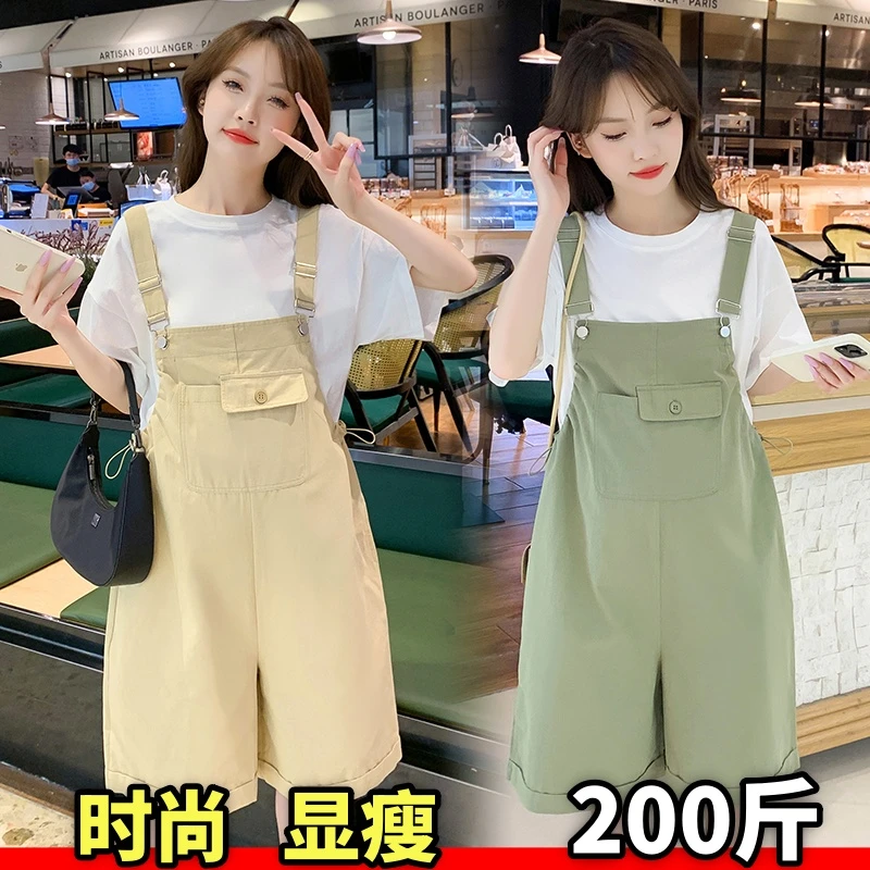 大码孕妇背带裤夏季薄款短袖吊带短裤网红显瘦阔腿工装裤女200斤