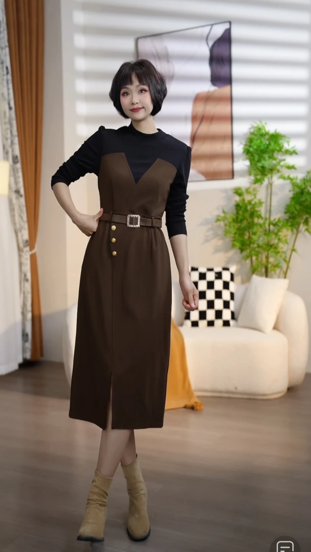 【断码清仓】 L725春秋时尚气质圆领拼接假两件连衣裙SS4