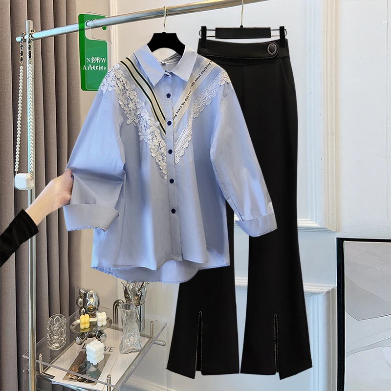 大码女装2025秋季新款胖mm时尚气质蕾丝拼接衬衫显瘦微喇裤套装女