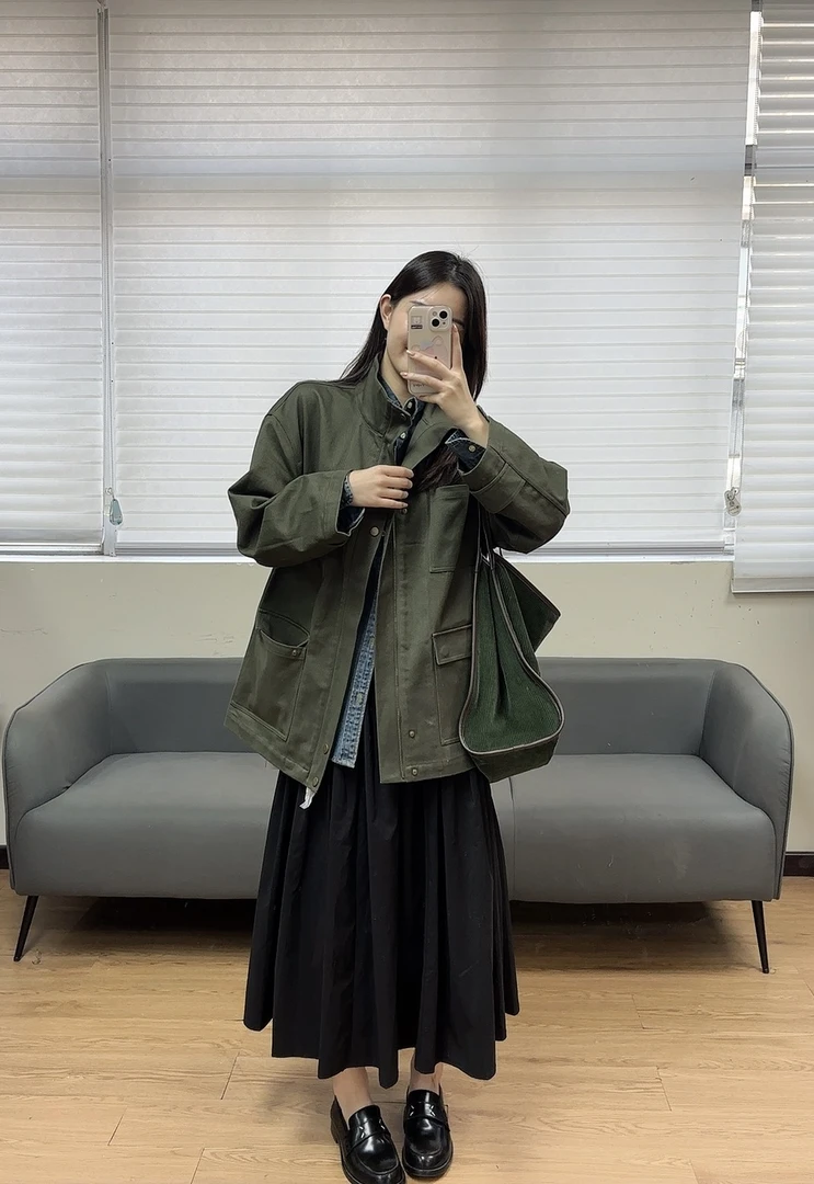 绿色女宽松型风衣秋季立领复古风猎装外套