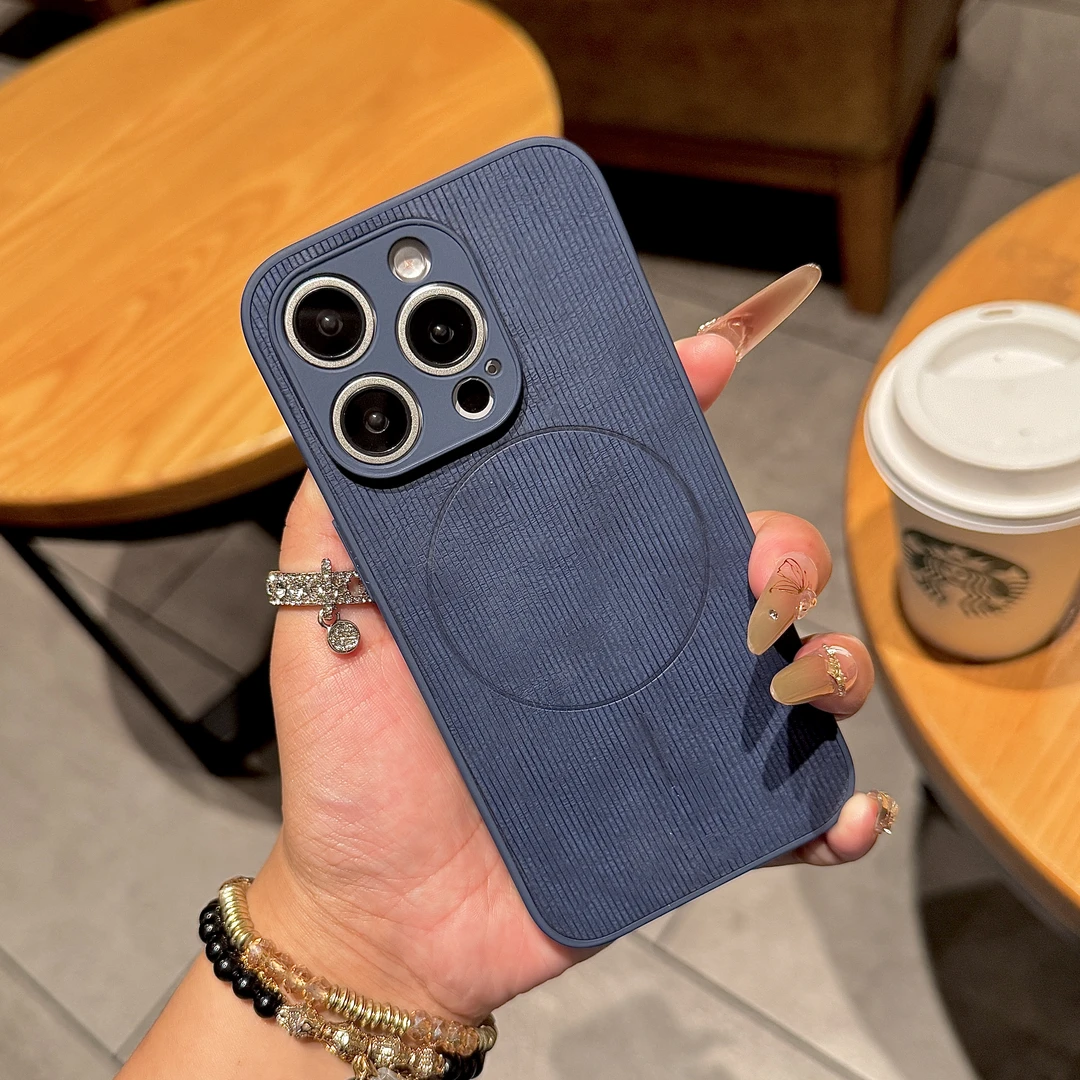 高级感纯色条纹磁吸适用iPhone16手机壳15pm皮质14全包防摔13pro