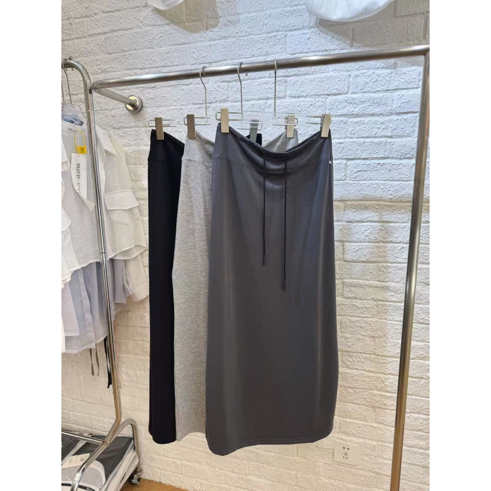 夏日美式薄款坠感凉凉直筒裙女2025新款坠感显瘦后开衩半身中长裙