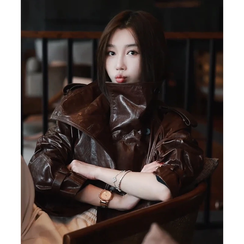 新款美式复古安哥拉红色皮衣女2025秋装街头短款机车夹克外套上衣