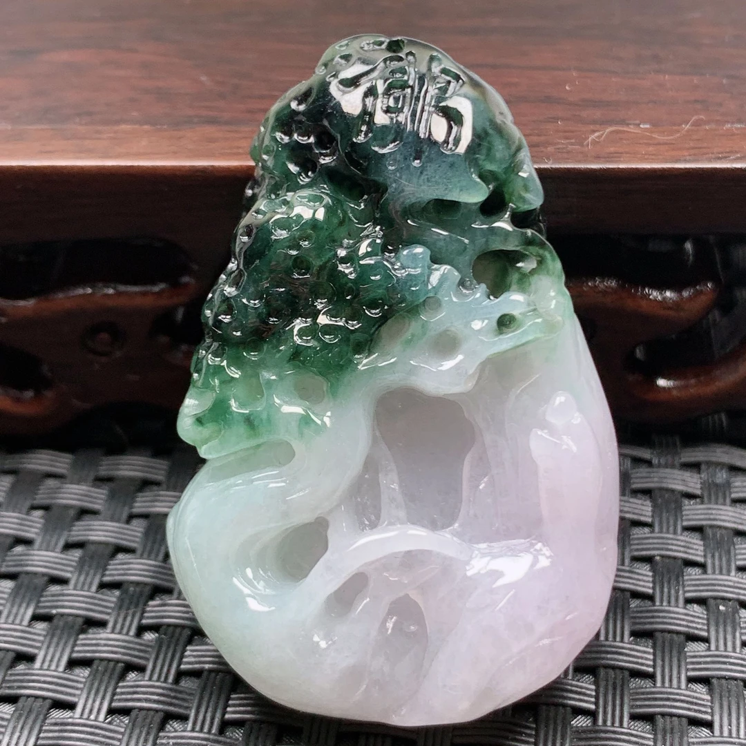 纯天然翡翠A货悟道山水挂件厚装飘花立体缅甸真玉雕刻挂件挂坠