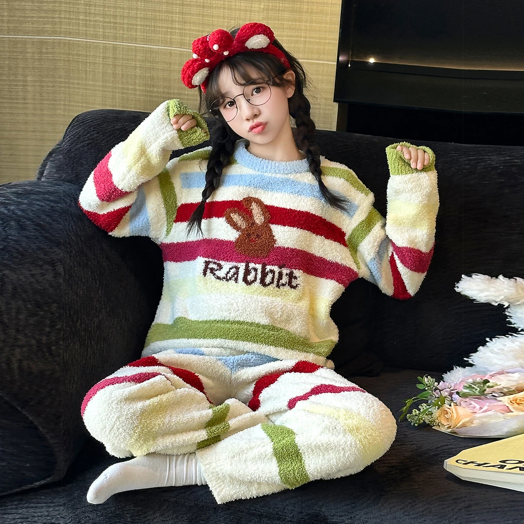 女童秋冬装新款条纹印花家居服中大童洋气时尚慵懒舒适休闲套装潮