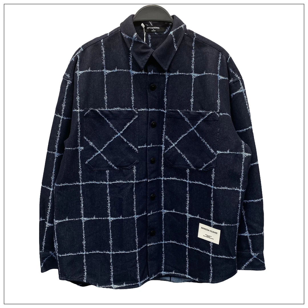 JPTHOME春季酷感潮流宽松版格纹图案牛仔翻领衬衫外套2410700274