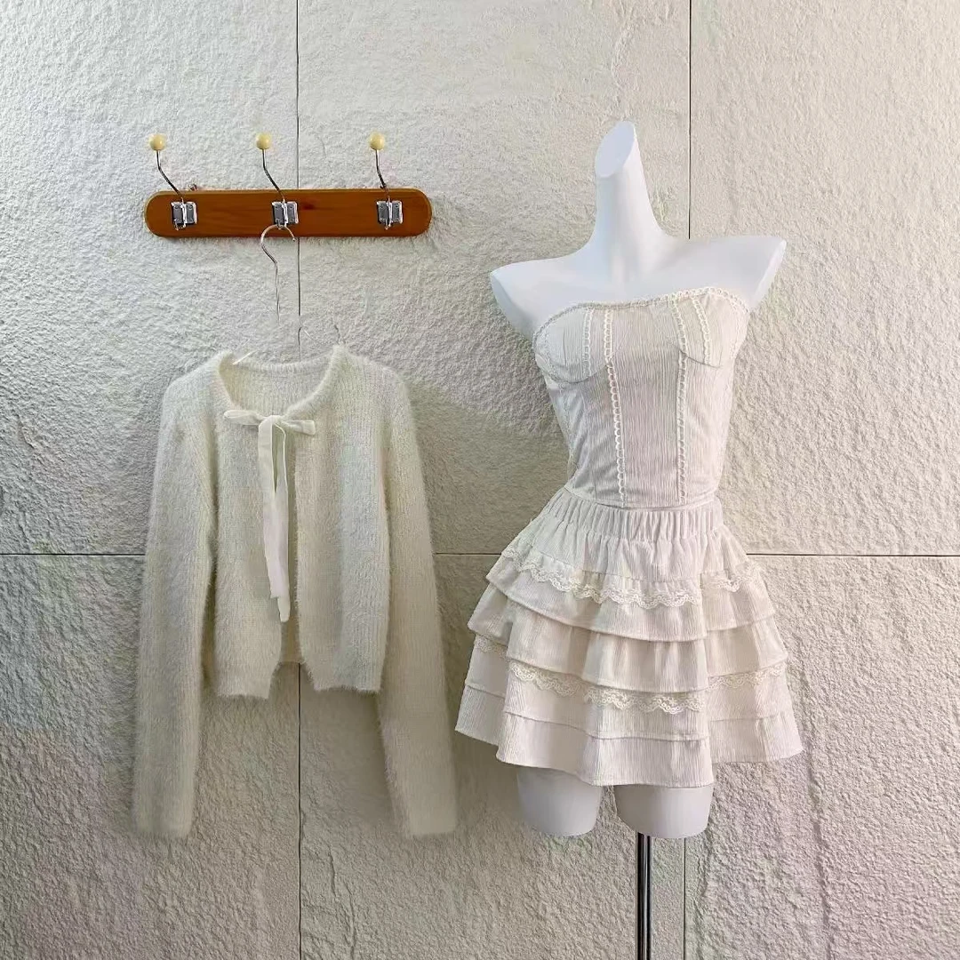 丝绒缎面抹胸背心蛋糕裙软糯毛毛外套三件套#S279