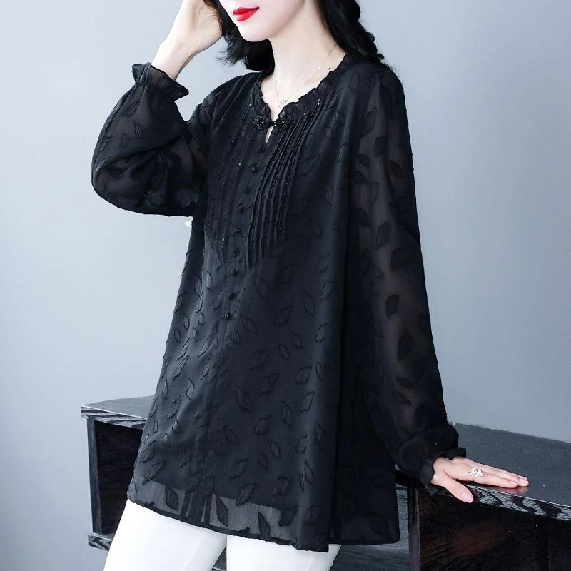 大码女装衬衫女2025春新中式盘扣拼接蕾丝显瘦遮肚休闲上衣240751