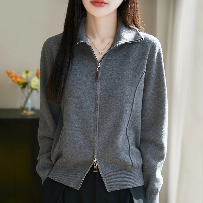 精纺羊毛双拉链开衫女长袖Polo领外套针织打底衫百搭休闲立领毛衣