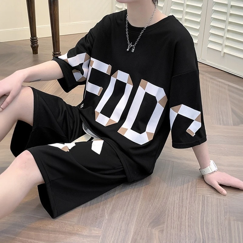 特大码2300斤夏季休闲套装男女短袖短裤耐穿斯文败类风格男装套装