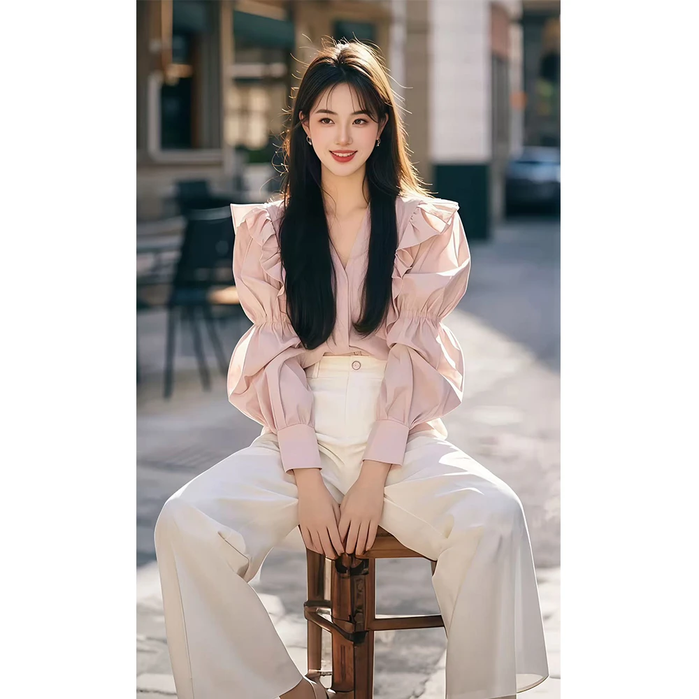 2025春季新款慵懒风韩系百搭显瘦荷叶边粉色泡泡袖衬衫裤子套装