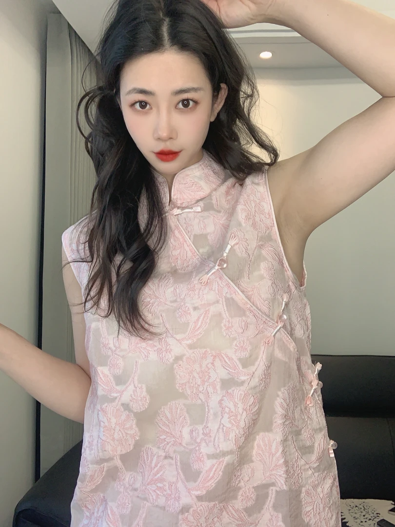 九月 樱花粉 夏季新款斜襟无袖新中式刺绣薄款马甲