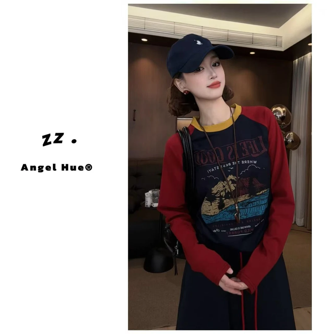 zz ·拼接宽松印花秋季女圆领百搭透气吸汗T恤设计感长袖2083