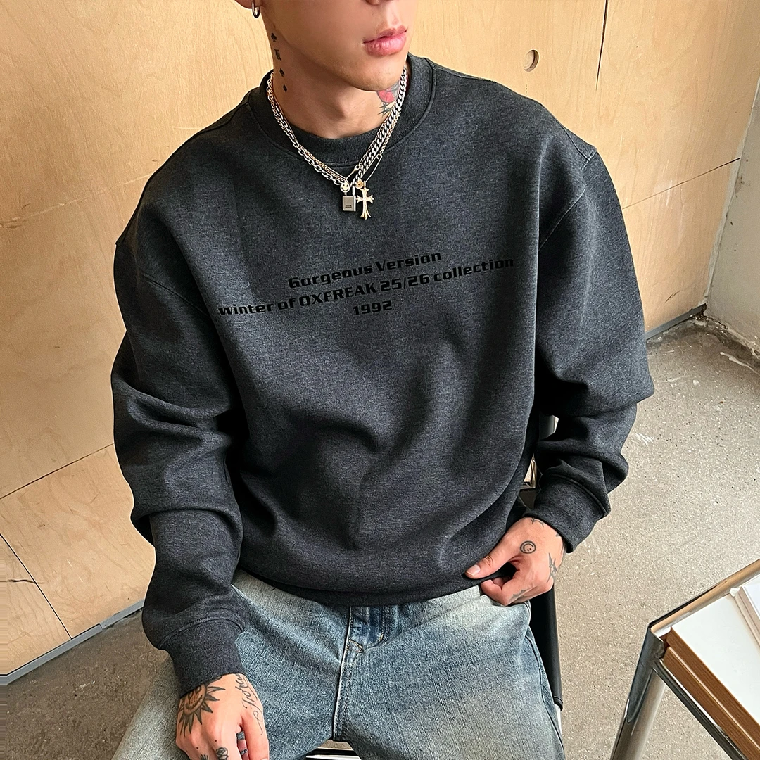 OXFREAK「英文标语印花」400g重磅灰色卫衣男短款宽松情侣装上衣