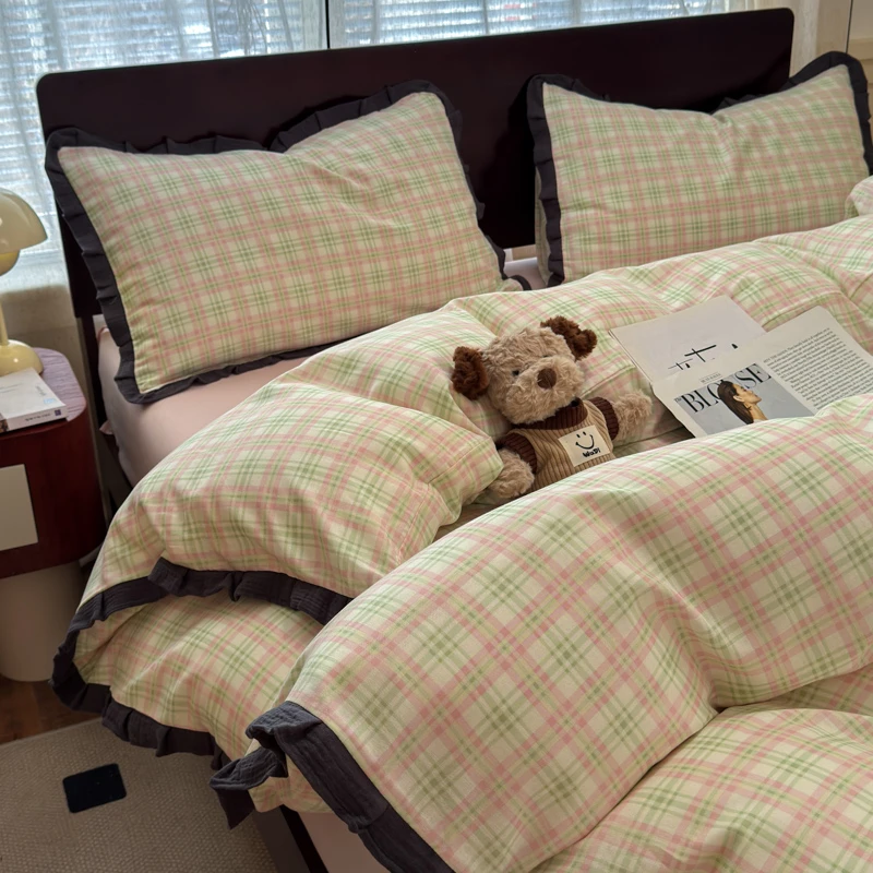 少女心遇见粉双层纱皱皱花边床上四件套纯棉100%全棉被套床单床笠