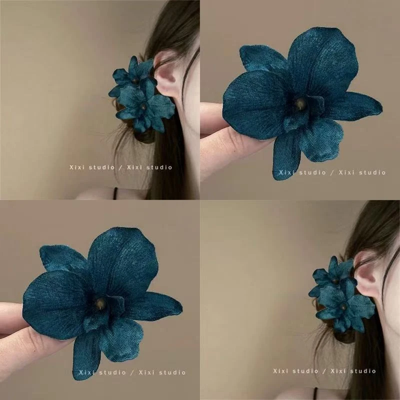 长海月明!复古蓝花朵发夹头饰!新中式真花发卡女拍照旅行发卡新品