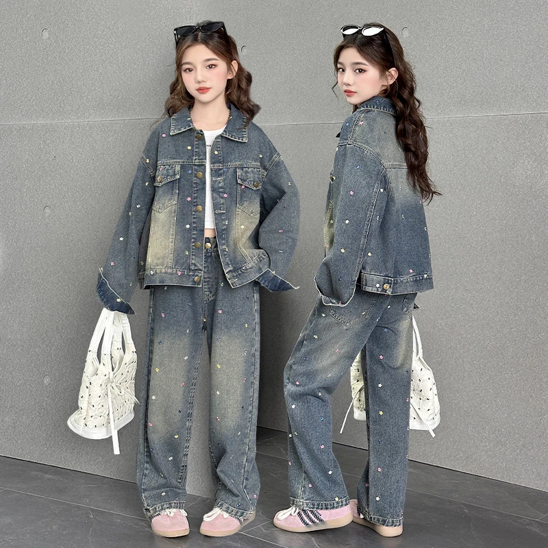 女童牛仔套装2025时髦新款复古中大童女生款外套直筒阔腿裤两件套