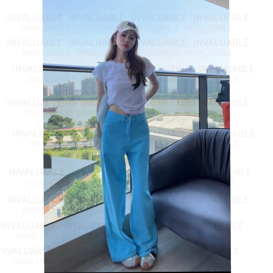新款直筒宽松显瘦浅蓝色高腰牛仔裤