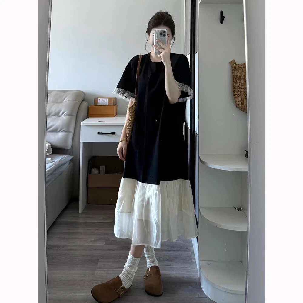 宽松微胖遮肉显瘦连衣裙子长裙女夏季2025新款黑色长款过膝T恤裙