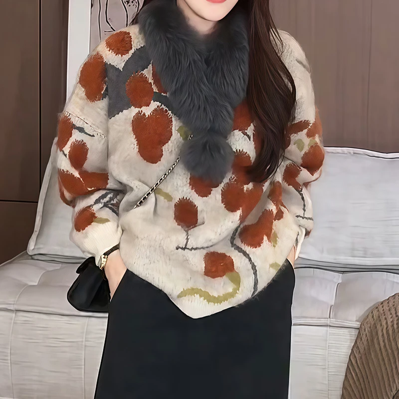 韩版复古慵懒风印花套头毛衣女装2025新款秋冬宽松加厚针织衫上衣