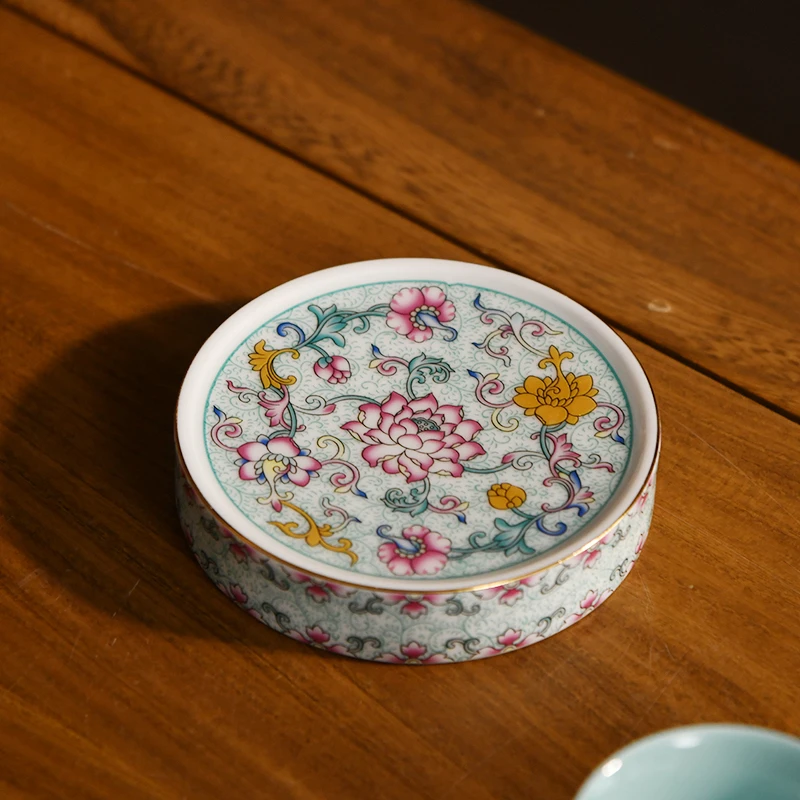 成艺珐琅莲韵元融盖置茶配件高端茶具珐琅彩复古新中式送礼杯托