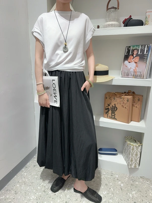 玫楸多色百搭系带圆领韩式设计感落肩卷边T恤上衣