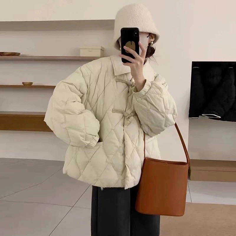 0318 M牛角扣菱形格棉服女冬季加厚保暖宽松显瘦外套上衣8238