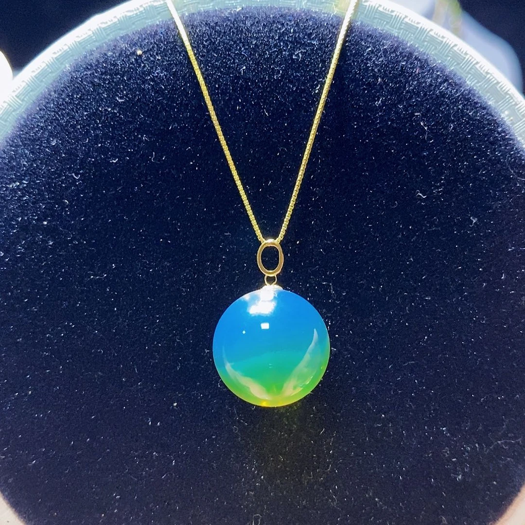 蓝珀18K金镶嵌颈饰15m高蓝净水裸珠吊坠