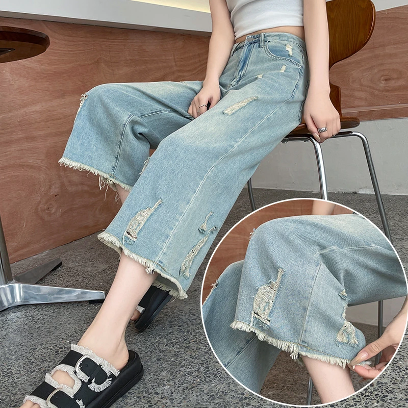 复古浅色破洞牛仔短裤女夏季薄款高腰宽松阔腿裤小个子七分休闲裤