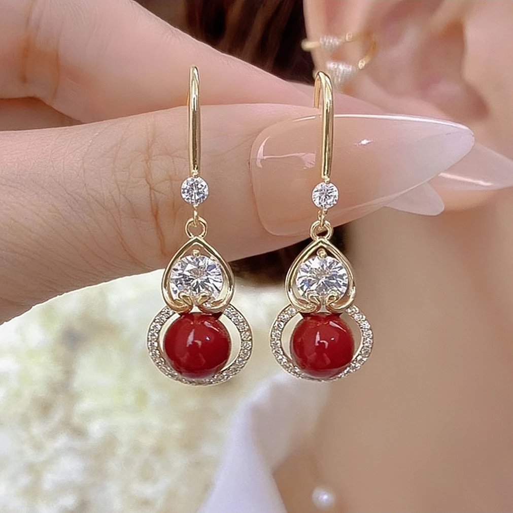 铜合金合成锆石耳饰 简约百搭喜庆红色葫芦福禄珠珠挂钩耳坠1587