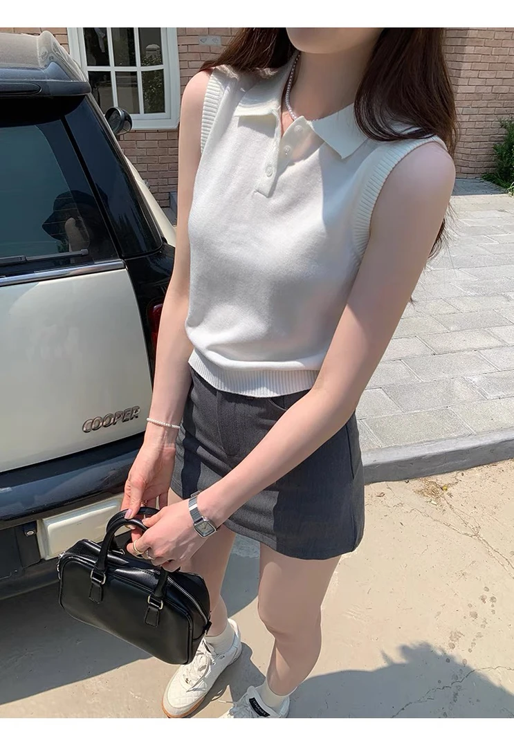 白色polo领无袖针织衫女夏季通勤显瘦白色冰丝短款上衣外穿背心