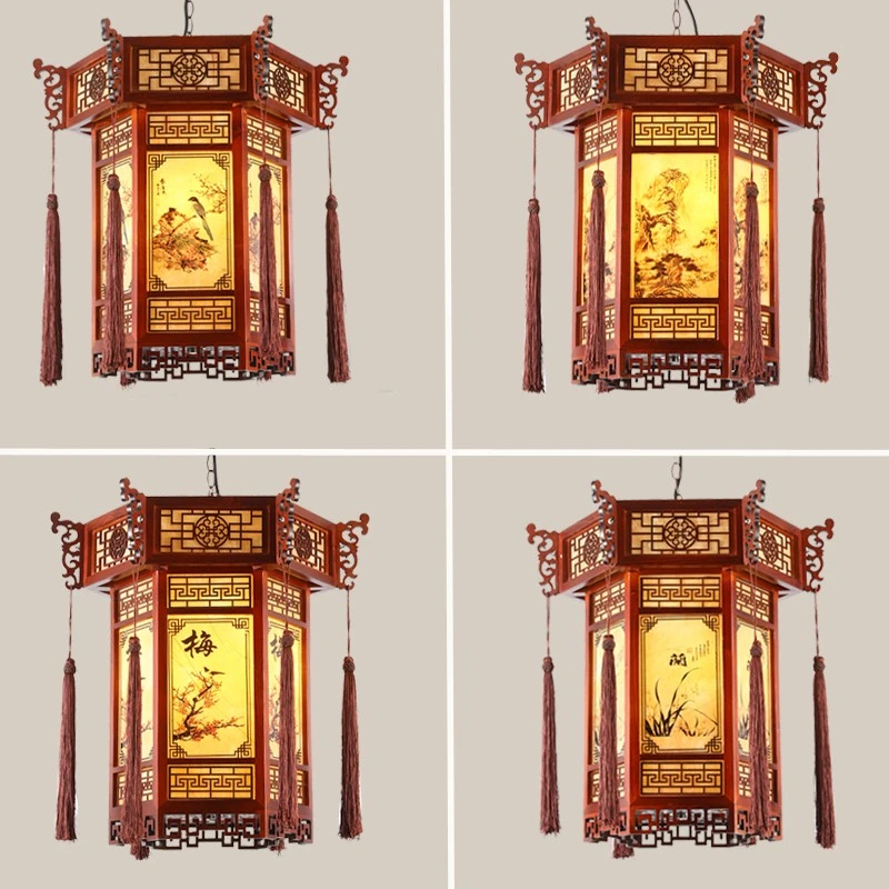 中式吊灯实木酒楼包厢走廊羊皮灯宫廷寺庙仿古典灯笼餐厅火锅店灯