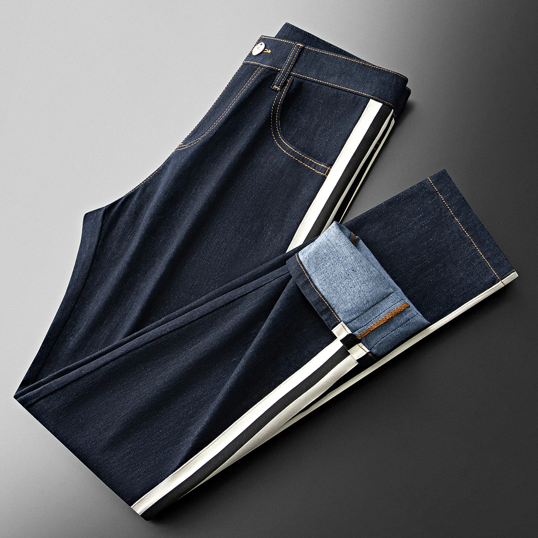 萨尔布勒斯男士春夏时尚帅气撞色织带拼接长裤显瘦直筒休闲牛仔裤