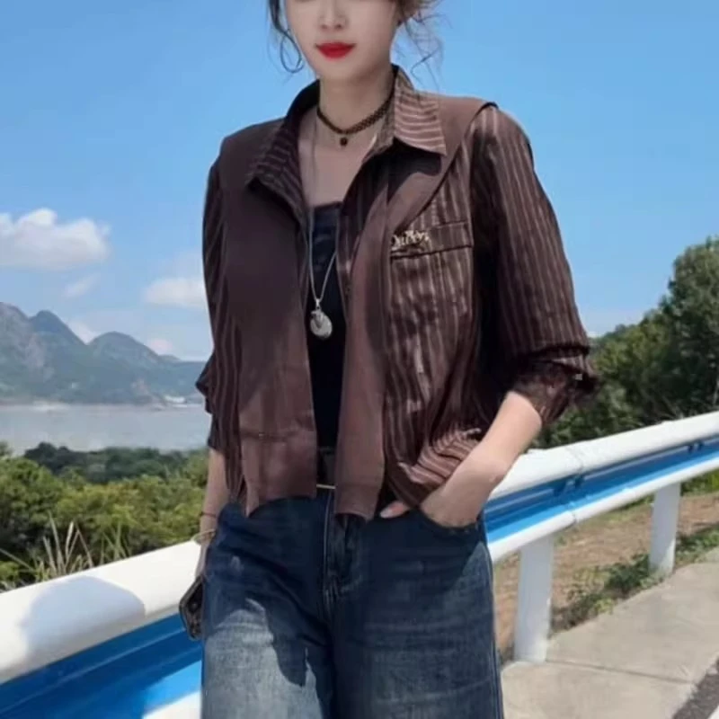 竖条纹长袖衬衫女秋季2025新款韩版时尚披肩短款抽绳洋气百搭上衣