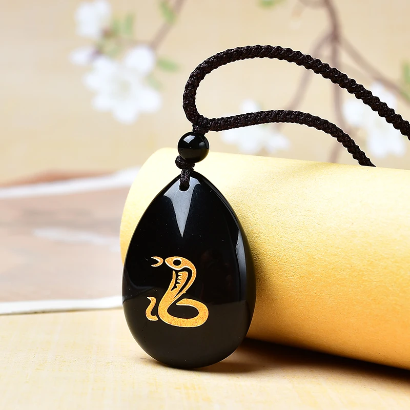 天然黑曜石十二生肖吊坠男士女项链属蛇本命年保平安无事水滴挂件