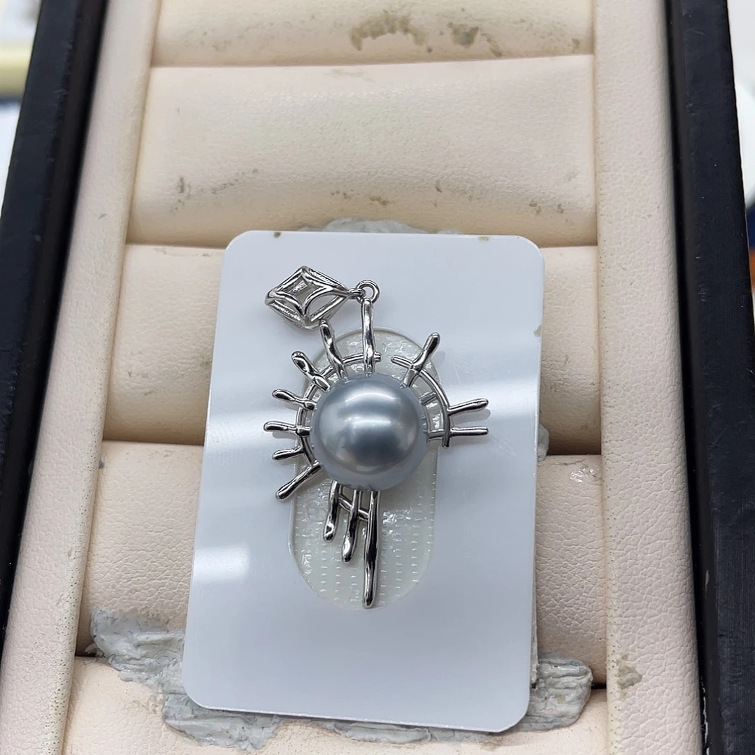 银S925镶嵌颈饰海水珍珠正圆铂金灰炫蓝光吊坠11.5mm