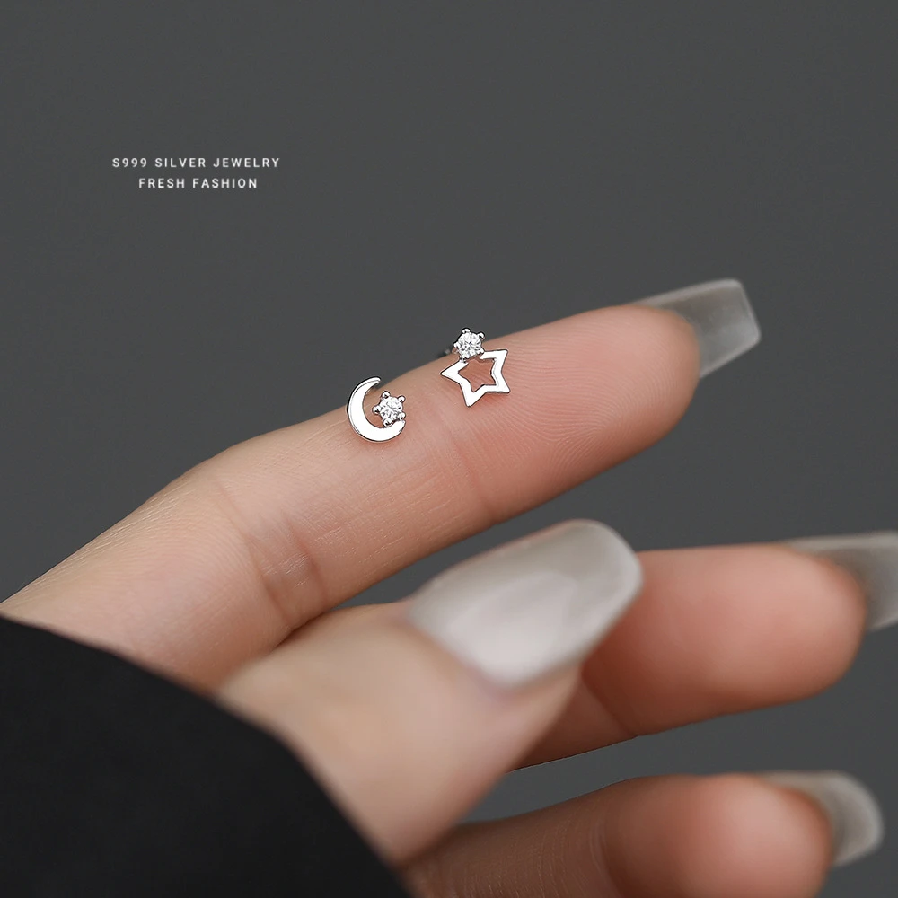 足银耳饰 999足银星月锆石耳钉轻奢新款爆款高级感养耳洞耳环耳饰