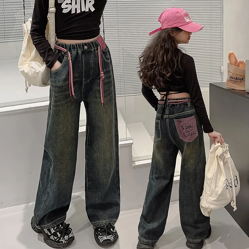 女童裤子春秋女孩网红炸街秋款大童牛仔裤秋天宽松直筒儿童阔腿裤