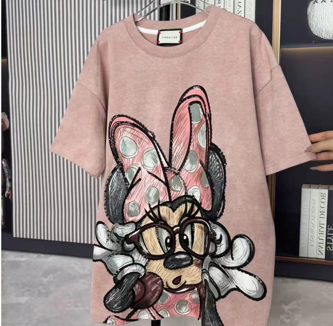 夏季新款重工潮牌短袖眼镜米妮T恤012